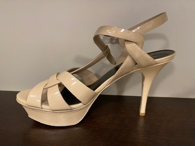 Sandali Saint Laurent Ysl plateau tributo in pelle verniciata nuda 75 mm taglia 38 5