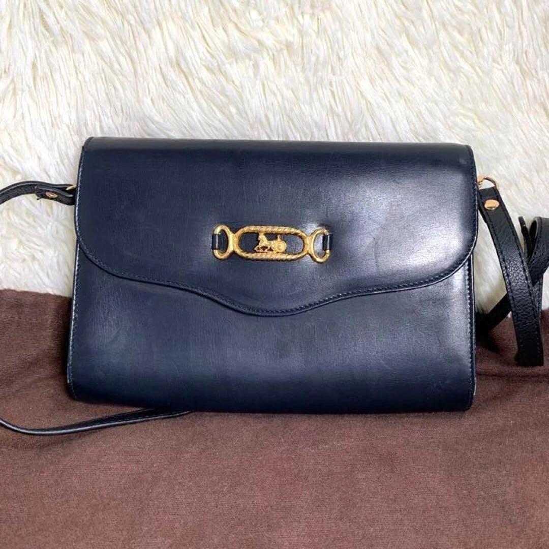 Vintage Celine Shoulder Bag Horse Carriage Leather Navy W8.5" x  H6" x D2"