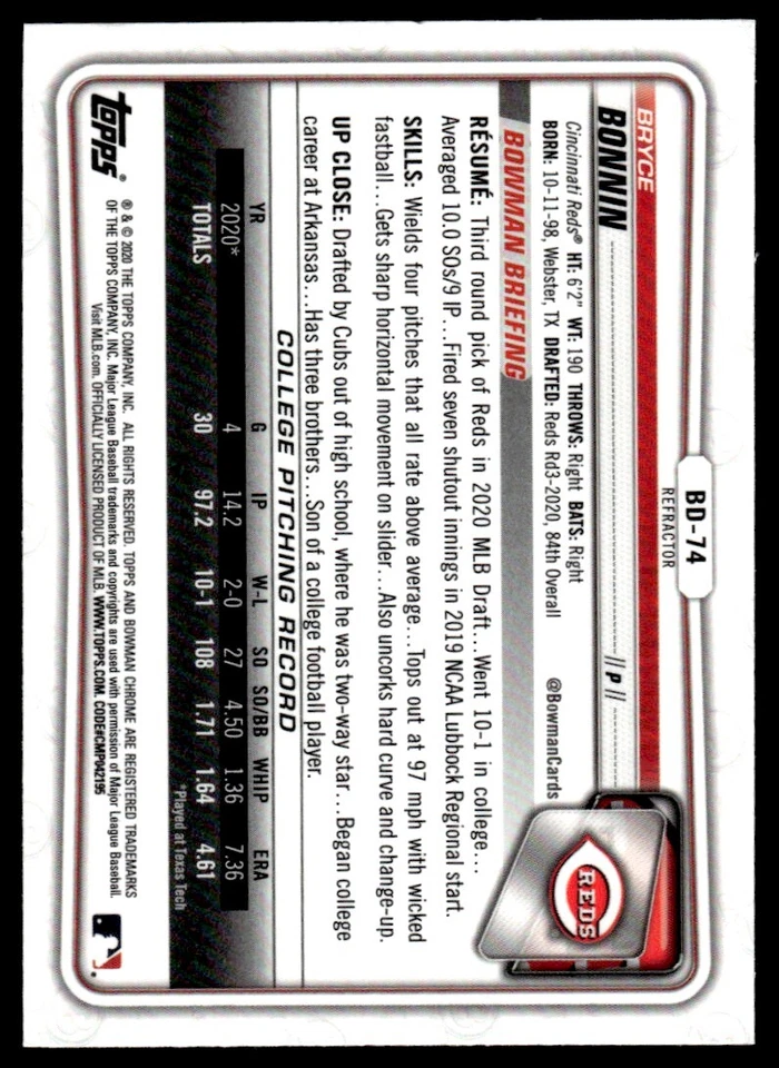2020 BOWMAN CHROME REFRACTOR Bryce Bonnin Cincinnati Reds #BD-74 R19 - Image 2 of 2