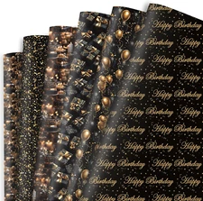 Birthday Wrapping Paper - 6 Black Gold Style Gift Paper for Men, Women, Kids - 2