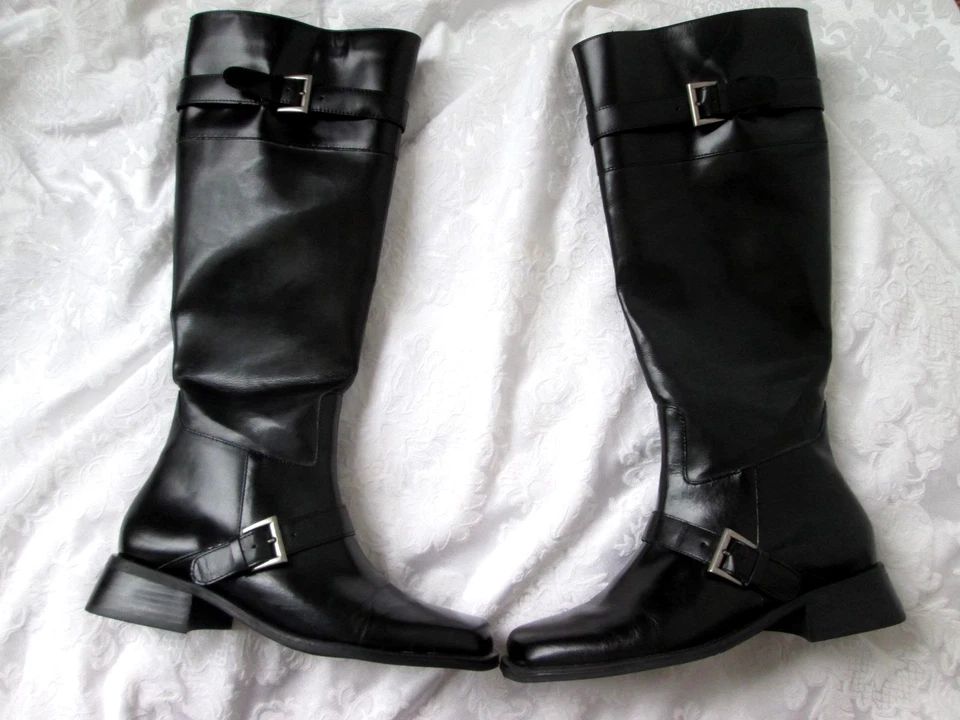 DANELLE Sz 6.5M Black LEATHER  Buckle Knee Vamp Inner Side Zipper KNEE BOOTS NEW - Image 3 of 4