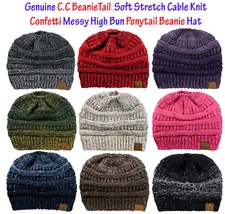 CC Beanie Tail CONFETTI Soft Stretch Cable Knit Messy High Bun Ponytail Beanie