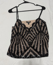 Express Black/Beige Sequin Mesh Sweetheart Spaghetti Strap Camisole Top M