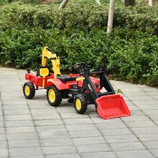 HOMCOM Trettraktor mit Anhänger Tretbagger Traktor mit Frontlader ab 3 Jahre Rot