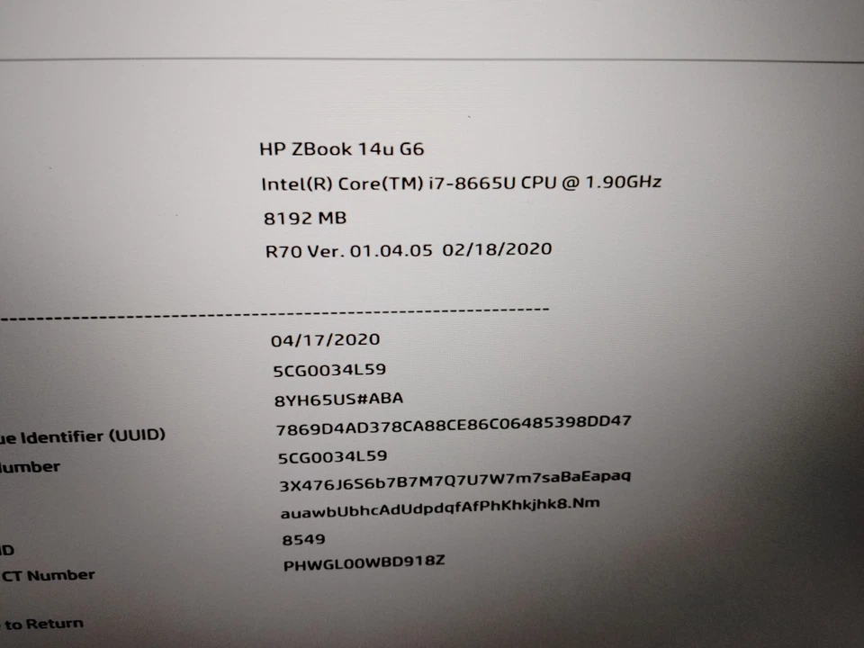 HP ZBook 14U G6 Core i7-8665U@1.90GHz, 8GB RAM, SIN SSD, SOLO PARA REPUESTOS Foto 2 de 4