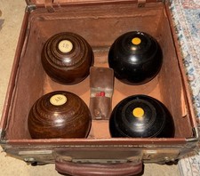 4 Vintage Wood Lawn Bowls With Leather monogrammed Case. GH