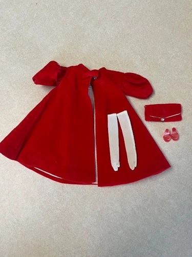 Vintage Barbie Red Flare Coat Clutch Gloves shoes Clothing #939....Mattel