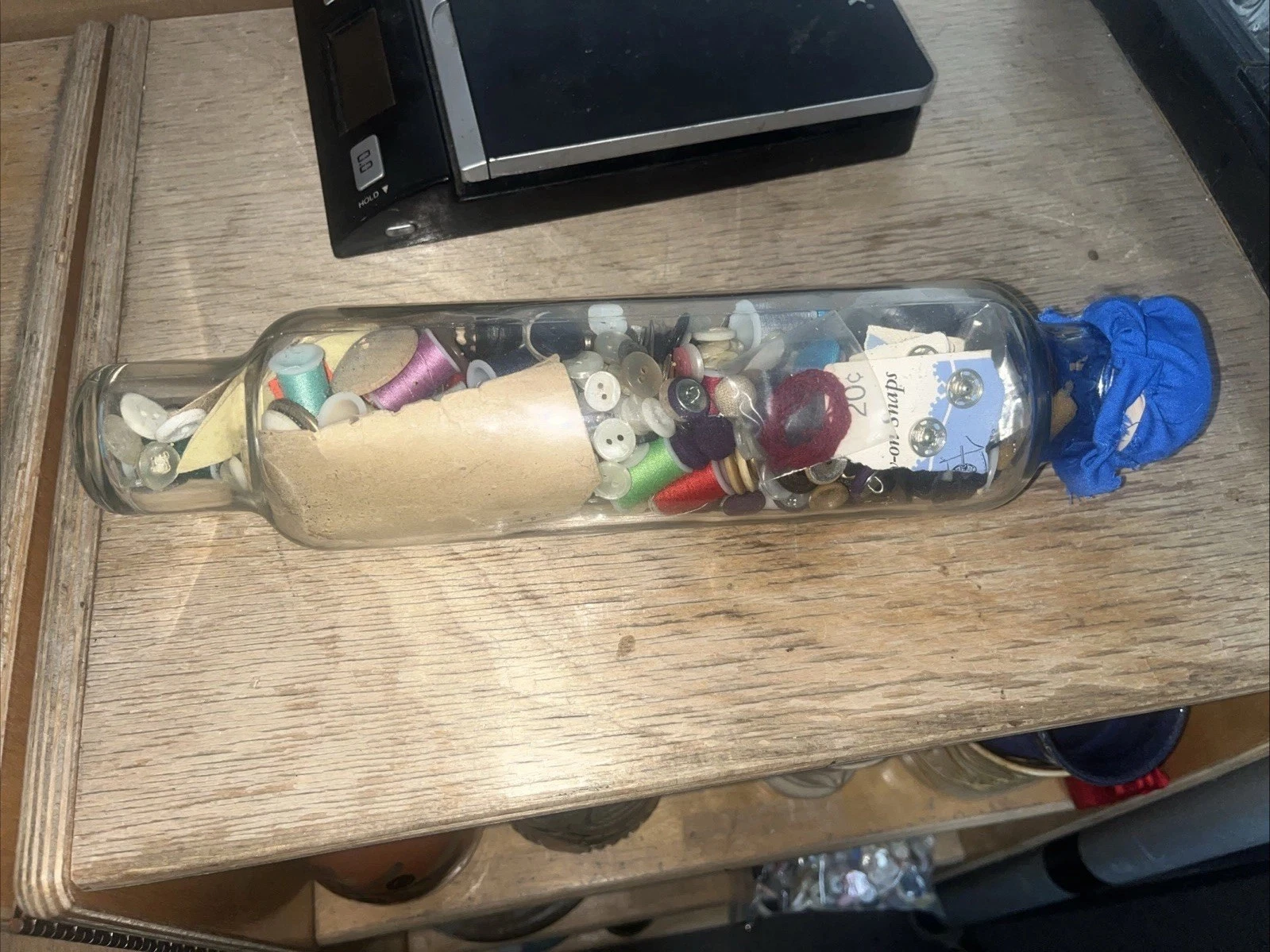 Vintage Glass Rolling Pin 13"X 2.25”~ Filled w Vintage Sewing Stuff