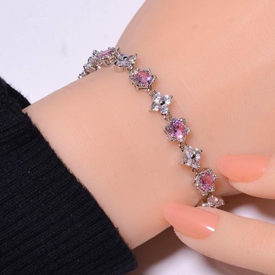 Pink Rose Quartz & Cubic Zirconia 925 Sterling Silver Tennis Bracelet 8.99'' B44