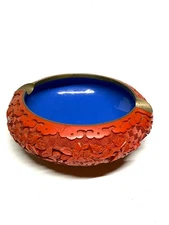 Carved Floral Decorative Ashtray Blue Glaze Interior Asian Style Vintage Decor