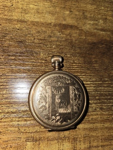 Antique Elgin Pocket Watch Stag Buck Hunting 14K Gold Dueber Case 1870s-1890s