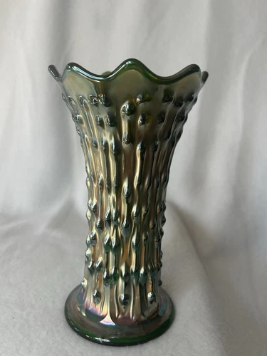 Rare Antique Fenton April Showers Green Carnival iridescent Glass Vase 8 Inches