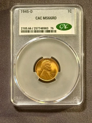 1945-D Lincoln Wheat Cent – CAC Graded MS66 RD – Gem Red