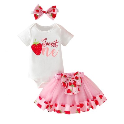 Baby Girls 1st Birthday Outfits Short Sleeve Strawberry Sweet Romper Tutu Ski...