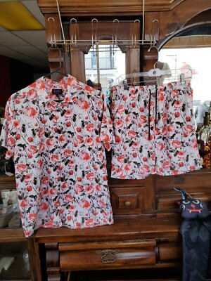 BoohooMan Men's Rose  Print Button Down Shirt and Shorts Set Size L