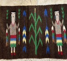Navajo Yei Rug Corn Kachinas Handwoven Wool Tapestry Native American 17"x 22"