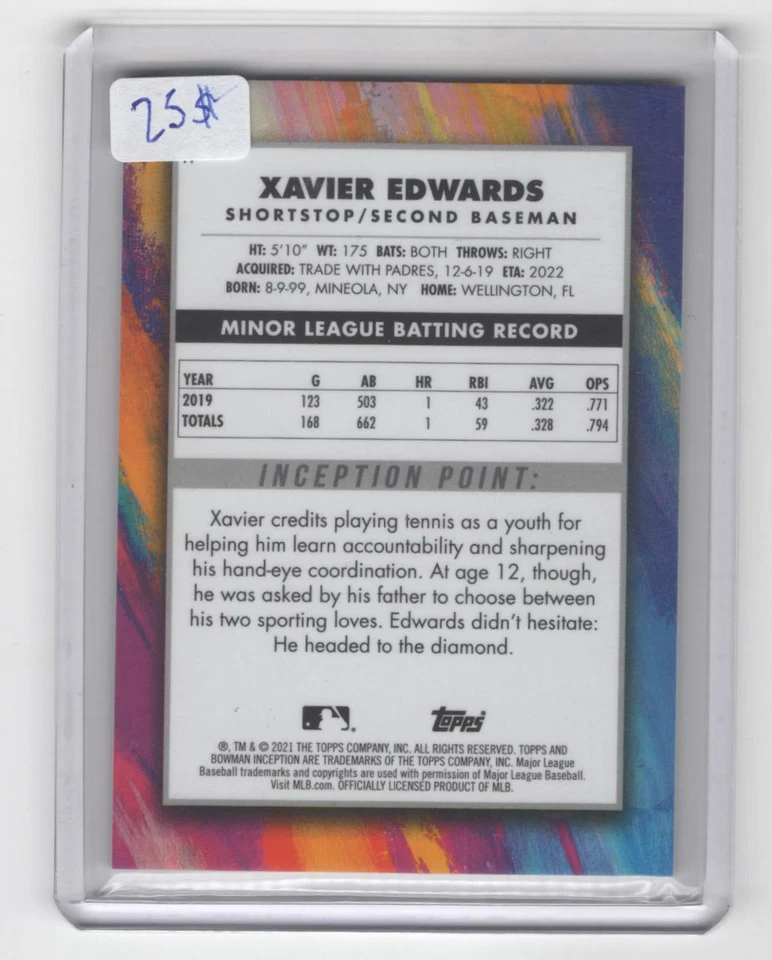 2021 Topps Bowman Inception Baseball Xavier Edwards 07/50 San Diego Padres #11 - Image 2 of 2