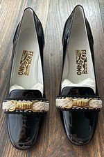 SALVATORE FERRAGAMO WOMEN S VINTAGE BLACK PATENT LEATHER BLOCK HEEL SHOES 6