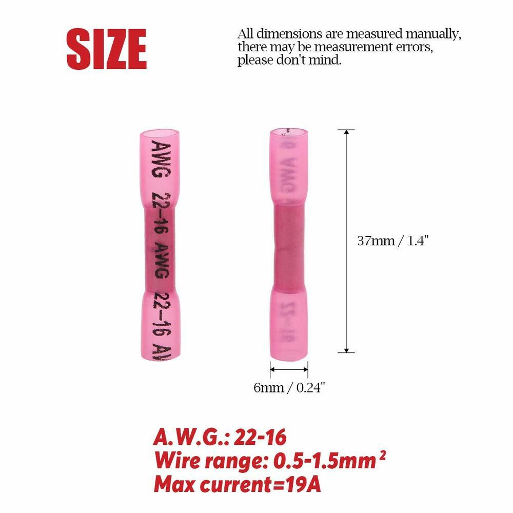 1000Pcs Heat Shrink Butt Connectors - Red, 22-16 AWG Waterproof Wire Terminals