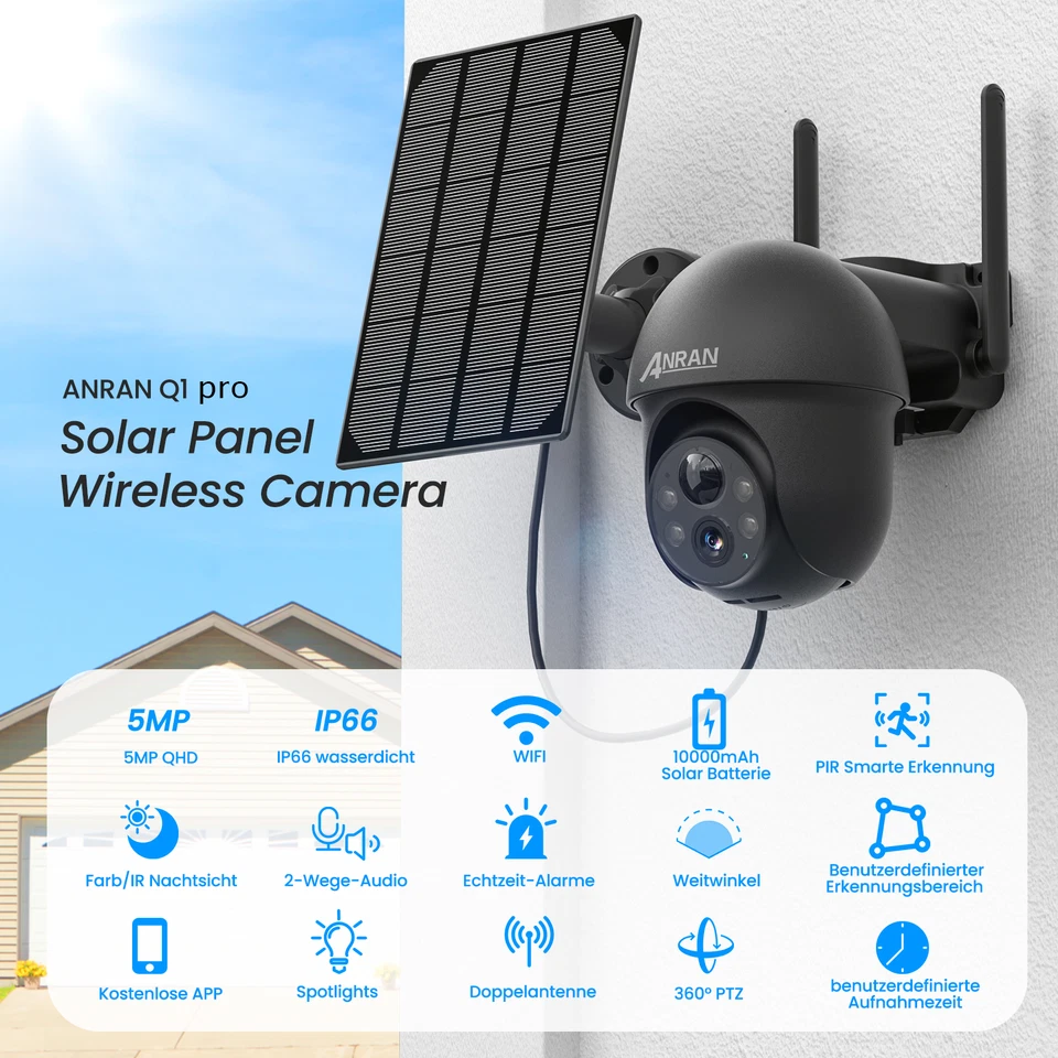 Câmera de segurança solar externa ANRAN 2K, sem fio 360° panorâmica e visão noturna colorida - Imagem 2 de 4