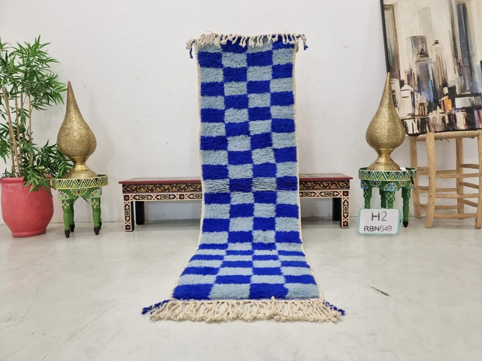 Alfombra de lana azul a cuadros bereber marroquí hecha a mano Beni Ourain Runner 2'1x7'2 Foto 2 de 4