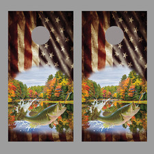 Aged American Flag Jumping Bass Fish Design D Cornhole Board Decal Wraps