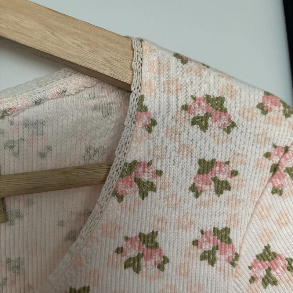 Y2K Route 66 Henley Top Baby Tee Womens XS Floral Pink Preppy Soft Girl Cottage - Image 3 of 4