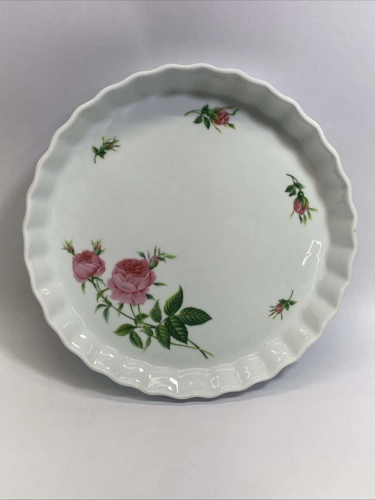 Vintage~ Christineholm Porcelain Quiche Tart Pie Dish With A Pink Rose Pattern