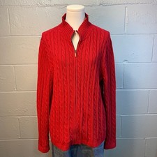 L.L.Bean Red Cable Knit Cotton Zip Front Mock Neck Sweater Cardigan Women's L