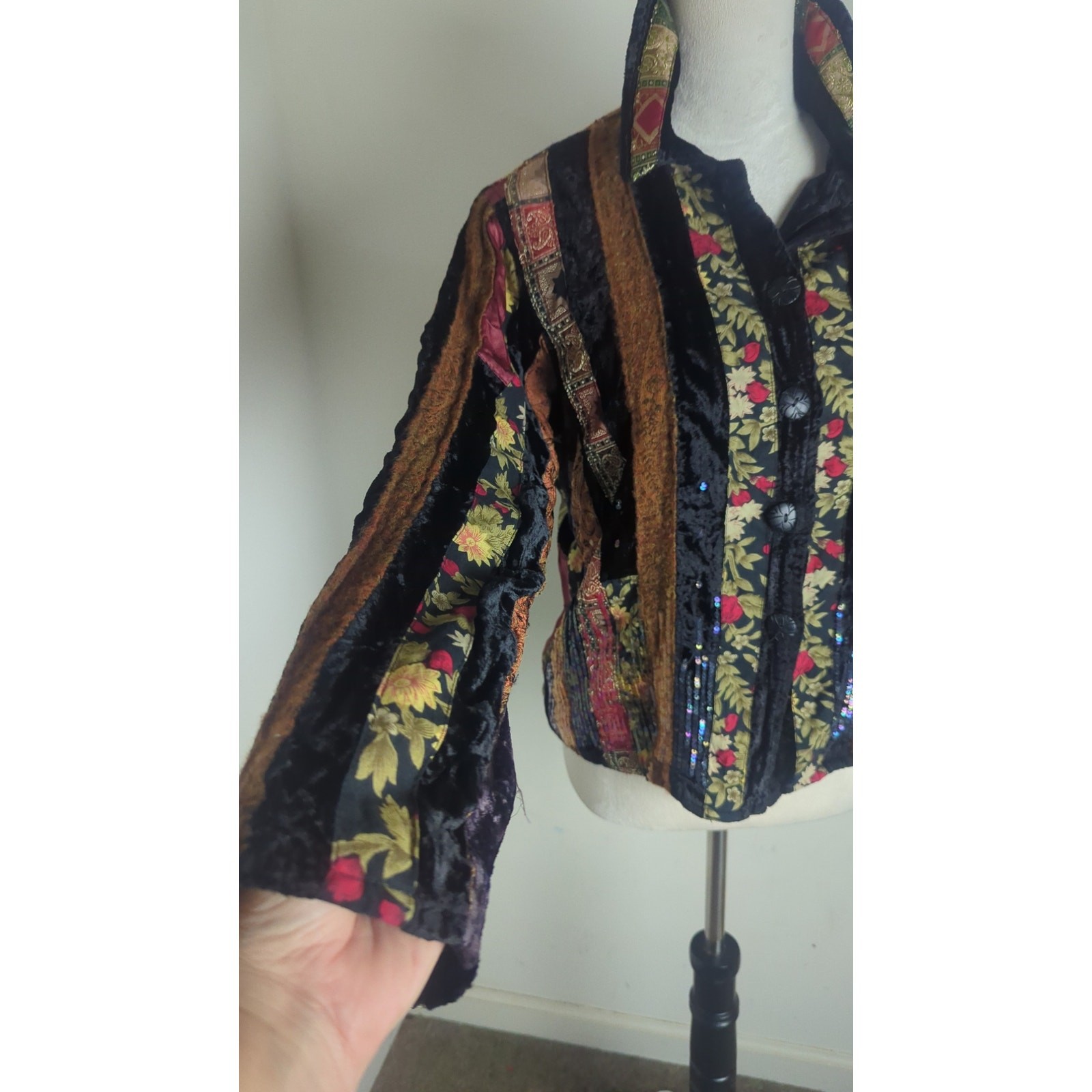 Vintage Whimsigoth Button Down Patchwork Wool Vel… - image 3