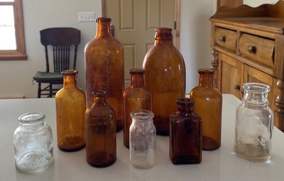 Nice Lot of 10 Antique Amber/Clear Medicine Glass Bottles USA, Some Unique!