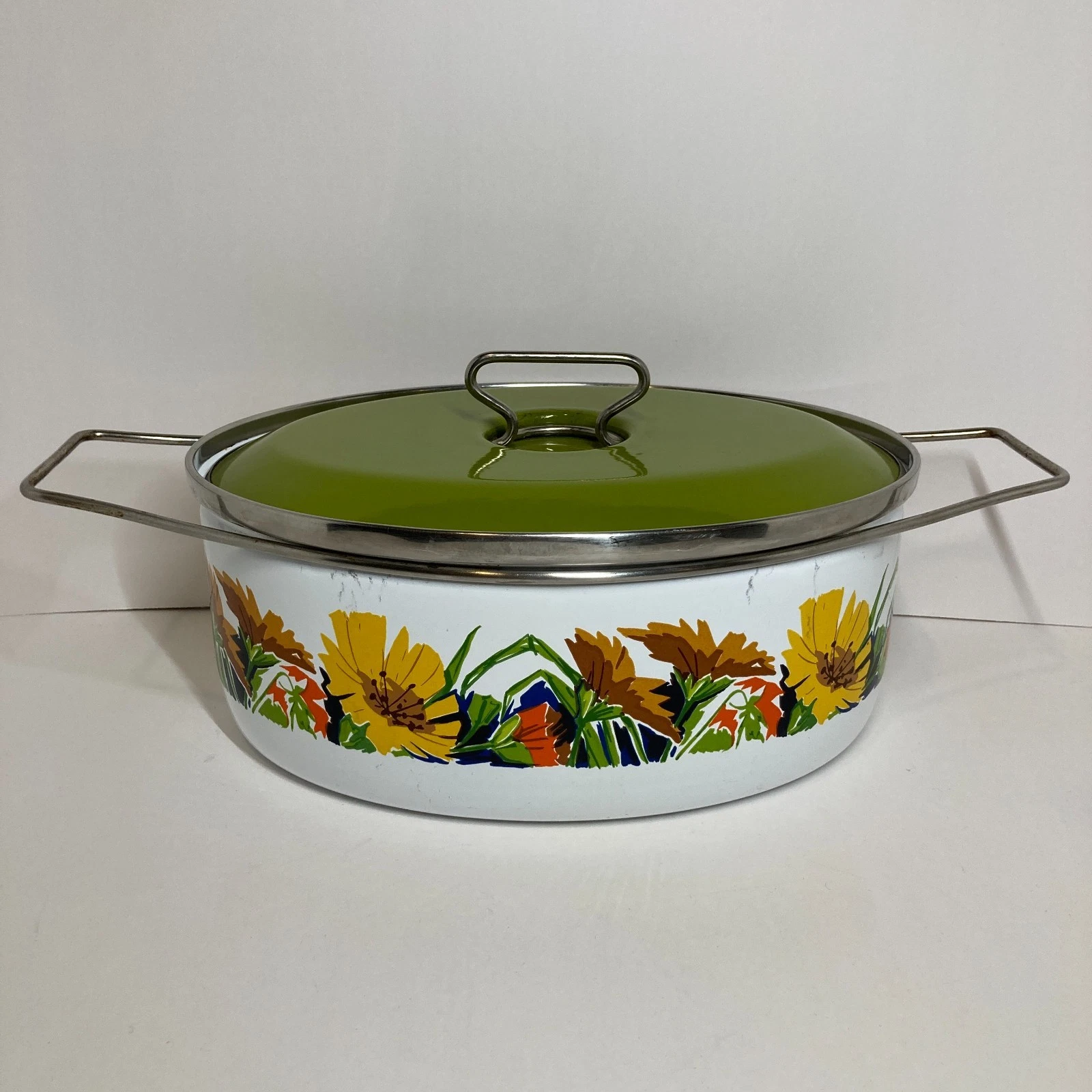 Vintage Depositata Siltal Italy Enamel Pot Dutch Oven MCM Floral Green White