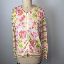 Talbots Zip Front Sweater Embroidered Floral Stripe Bright Easy Large Cotton
