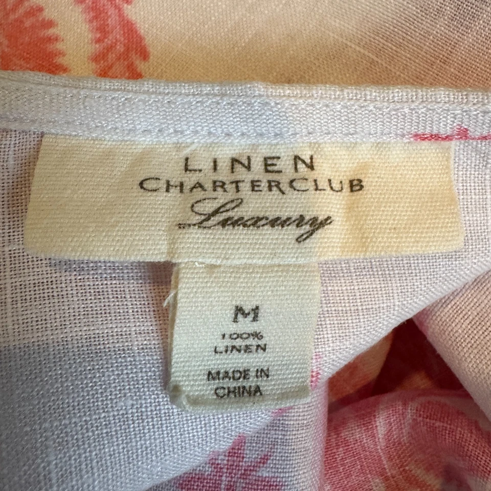 Túnica Charter Club Luxury Mujer Rosa Blanca 100% Lino Bordado Escote Talla M Foto 4 de 4
