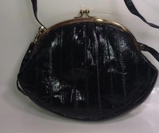Vtg Purse Lee Sands Soft Eel Skin Kiss Lock Double Coin Clutch Crossbody-D1