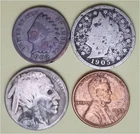 Lot of 4 Old Coins – 1 Indian Head Penny, 1 Lib V 5c, 1 Buffalo 5c & 1 Linc 1c
