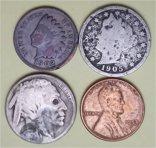Lot of 4 Old Coins – 1 Indian Head Penny, 1 Lib V 5c, 1 Buffalo 5c & 1 Linc 1c