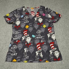 Dr. Seuss Cat in the Hat V-Neck Scrub Top Size XS Cartoon Print