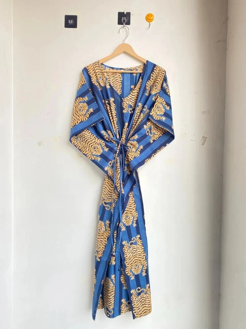 Indian Cotton Blue Tiger Striped Kaftan Dress Women's Clothing Kaftan Dress US