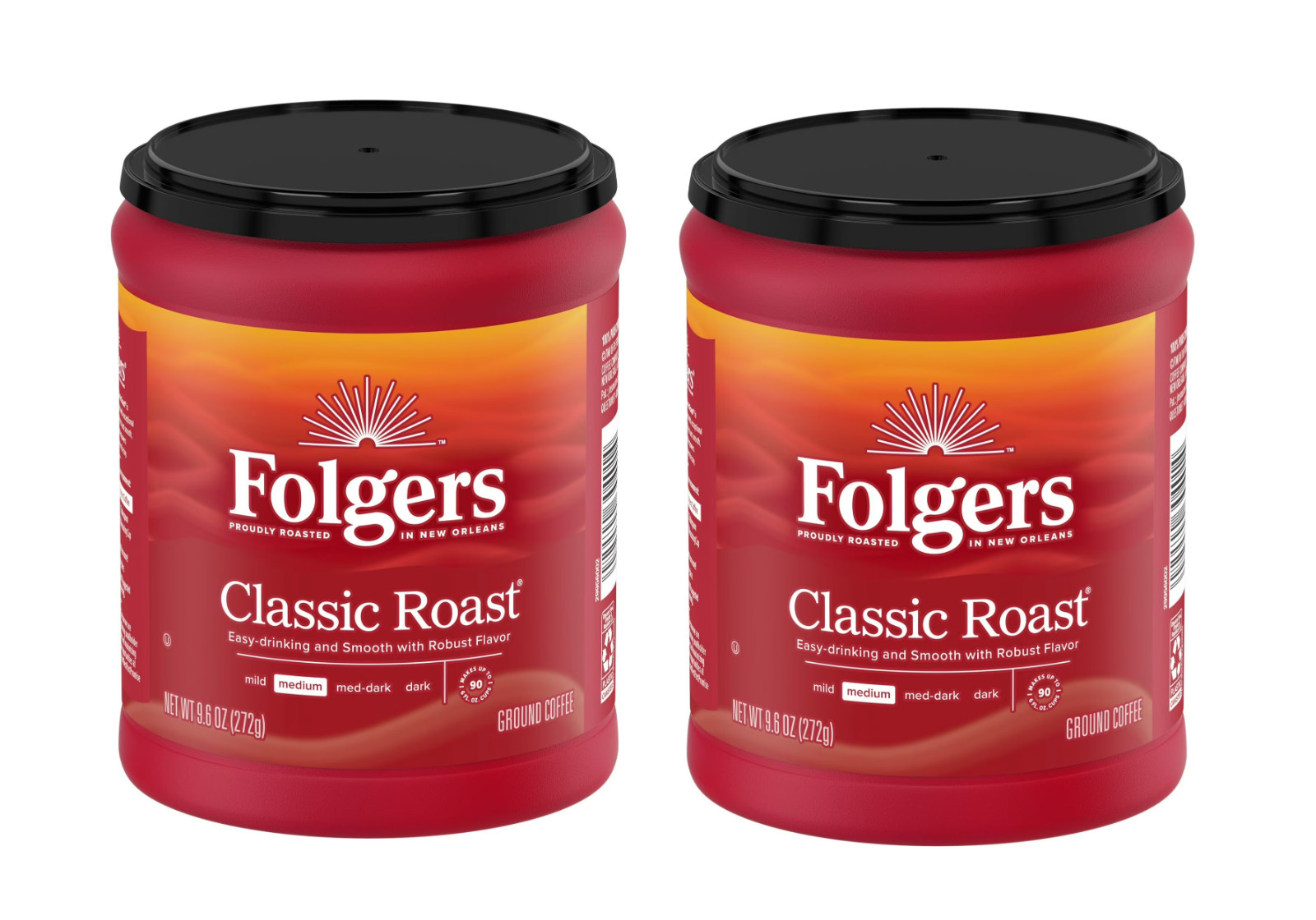 (2 PACK) Folgers Classic Roast Ground Coffee, Medium Roast, 9.6 oz Canister