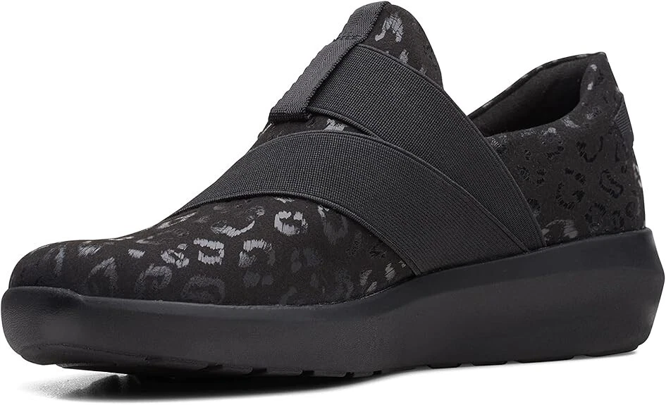 Mocassino donna Clarks Kayleigh Charm nero scamosciato stampa animalier NUOVO 6 5 W