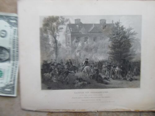 Grabado estampado antiguo raro, principios de 1866, ""Batalla de Germantown, Nueva Jersey", Revolución - Imagen 1 de 3