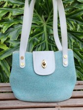 Eric Javits Squishee Woven Straw Hand Bag Purse White Blue Turnlock