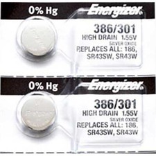2 x Energizer 386 Watch Batteries, 1.55V, 0 MERCURY equivalent SR43SW, 301