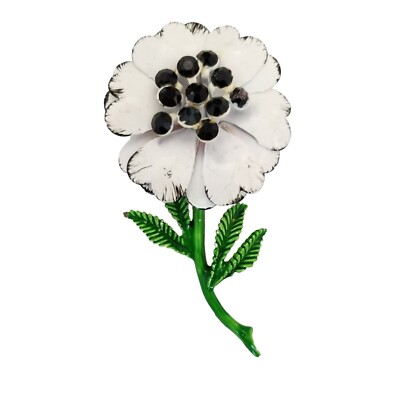 White Green Enamel Black Rhinestone Stemmed Metal Flower Brooch, Pin M 914