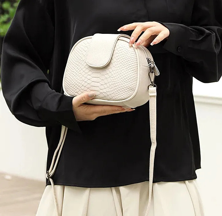 Genuine Real Cow Leather Bag Small Crossbody Messenger Handbag Long Strap  Silver