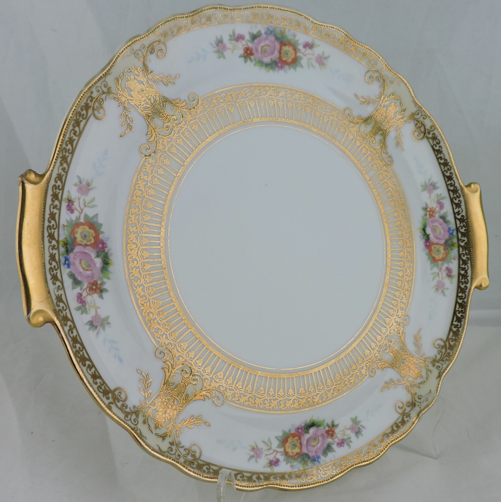 ANTIQUE HANDLED CAKE OR DECORATIVE PLATE RAISED GOLD SCROLL FLOWER BOUQUET