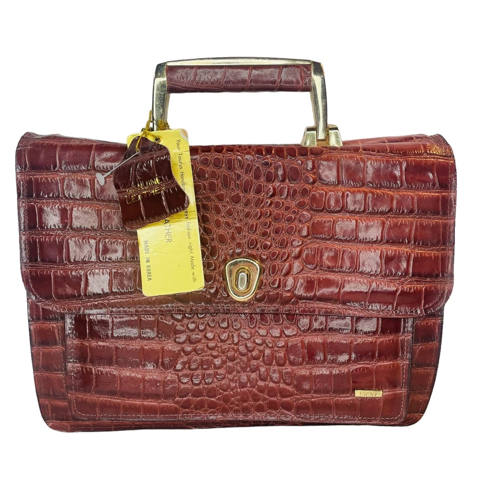 Cartera Taurus Cuero Genuino Marrón Caimán Aspecto Cocodrilo Vintage Estate Foto 2 de 4