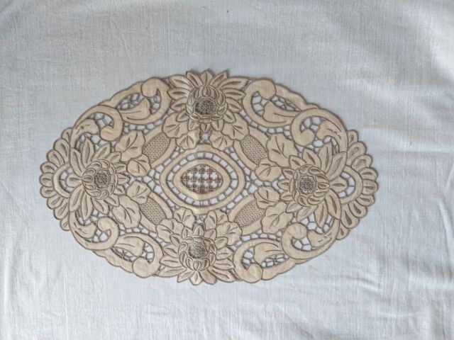 Oval Embroidered Irish Linen Doily Placemats Machine Lace French Style Beige