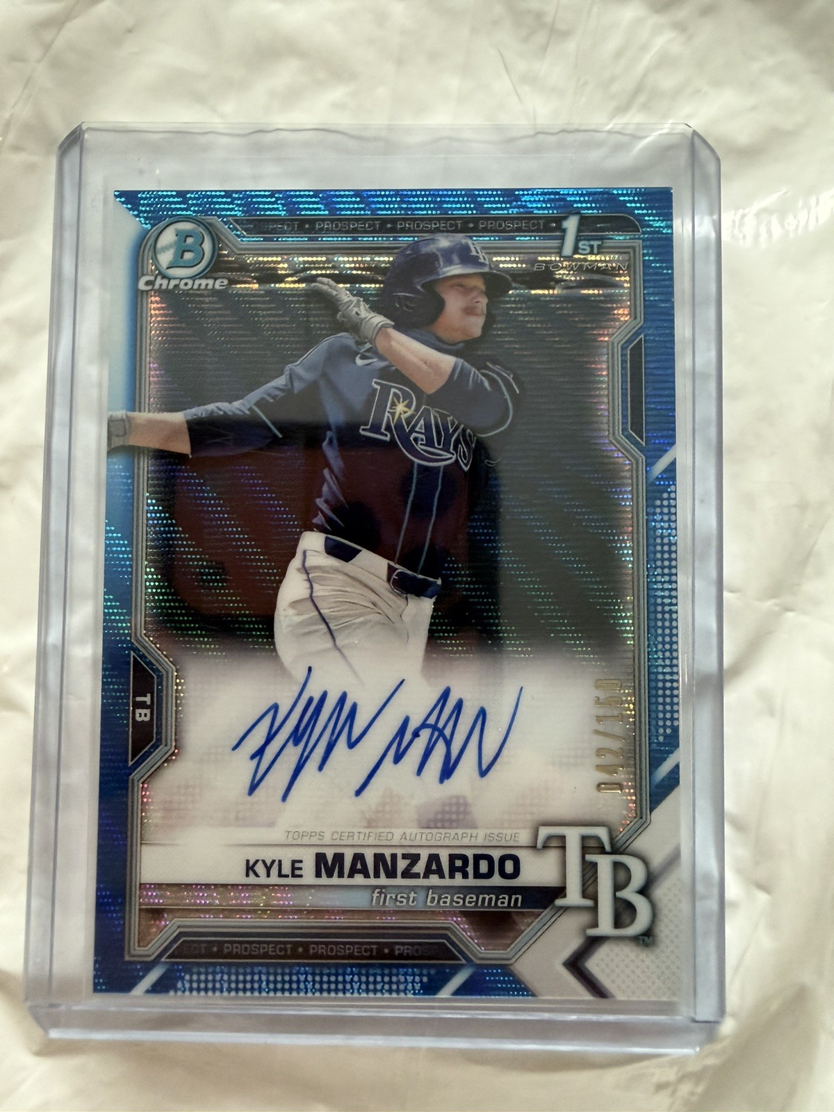 Kyle Manzardo 2021 Bowman Draft Chrome 1st Auto /150 Blue Wave Refractor #CDA-KM
